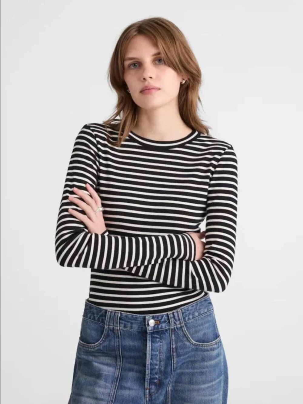 Madewell Long Sleeve Cotton White and Black Stripe Knit Cotton Top